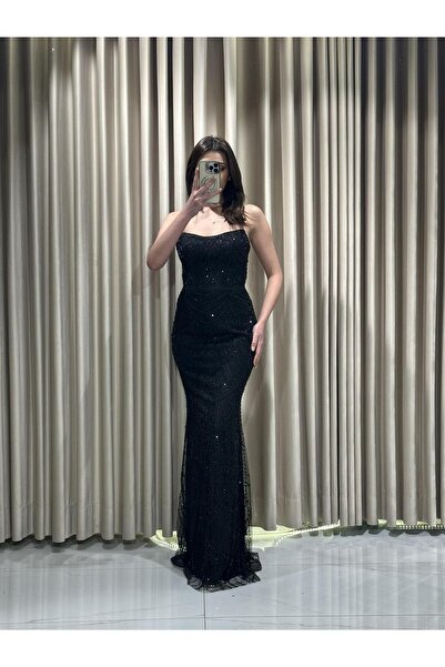 Kaleiçi Yıldızlar Siyah Taş İşlemeli Straplez Pelerin Detaylı Abiye Elbise 8205