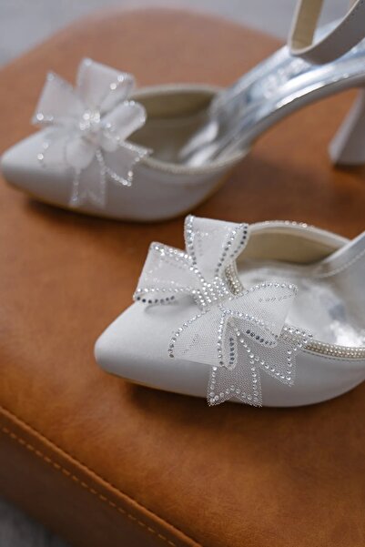 CAMOLLA Gri Saten Kadın Taşlı Tül Fiyonklu Şık Abiye Topuklu Ayakkabı