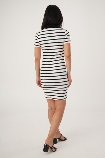 Hipo Trend Λευκό Μίντι Φόρεμα - Ριγέ Πουκάμισο Γιακά