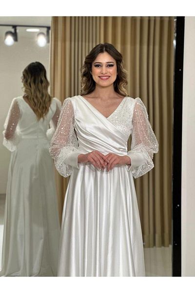 Kaleiçi Yıldızlar Satin New Season Evening Dress - White Sequin, Long Sleeve Gs7050 7050