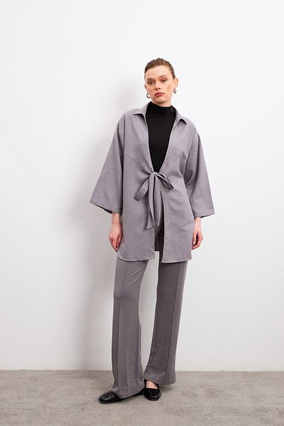Yefrastore Gray Flam Linen Kimono Shirt