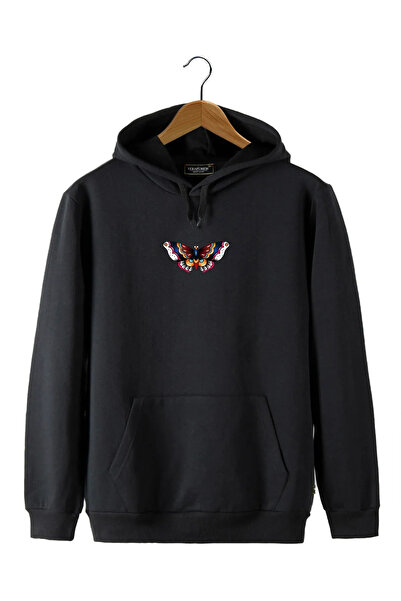 HOFFNUNG Unisex Hooded Front Butterfly Printed Slim Fit Kangaroo Pocket Sweatshirt