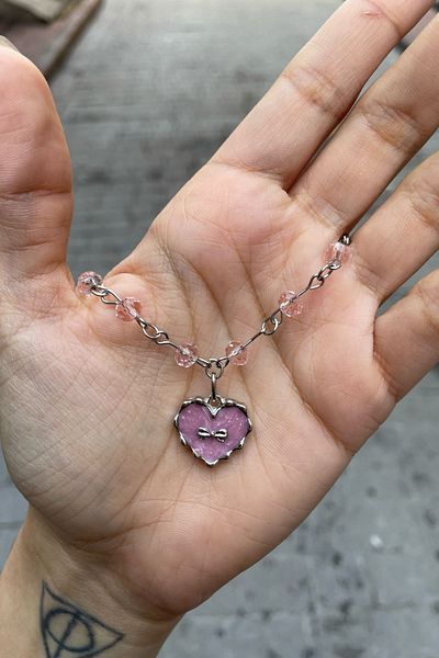 Köstebek Pink Stone Bow Detailed Heart Silver Necklace