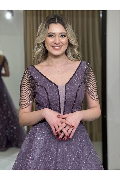 Kaleiçi Yıldızlar Silvery Jewelled Helen Cut New Season Evening Dress APN1025