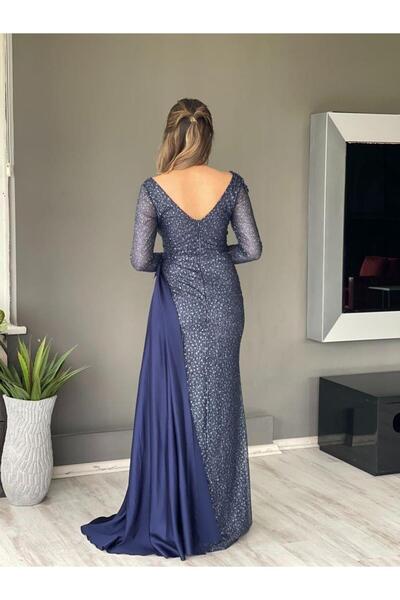 Kaleiçi Yıldızlar Lacivert Uzun Kol Pileli Uzun Yeni Sezon Abiye Elbise My4231 4231