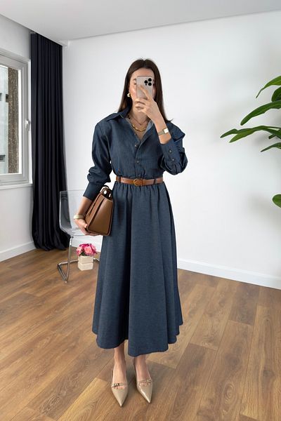 BİRCANÇİL Kuana Belt Detailed Navy Blue Skirt Shirt Set