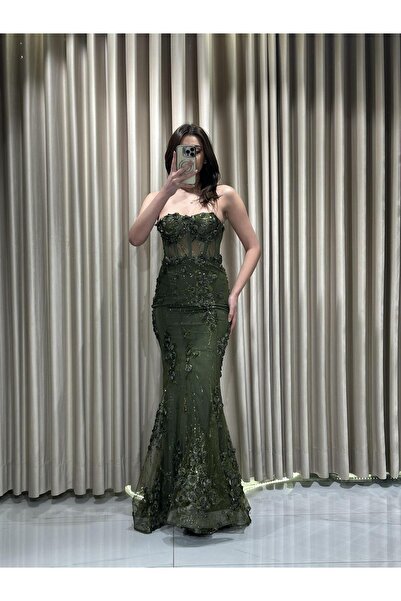 Kaleiçi Yıldızlar Haki Straplez Üç Boyut Çicek Desenli Beli Transparan Yeni S...