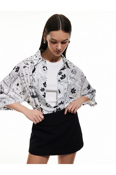 Koton Patterned Viscose Buttoned Short Sleeve Oversize Shirt