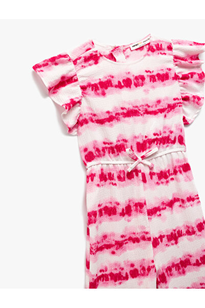 Koton Butterfly Sleeve Ribbon Detailed Tie-Dye Patterned Long Jumpsuit