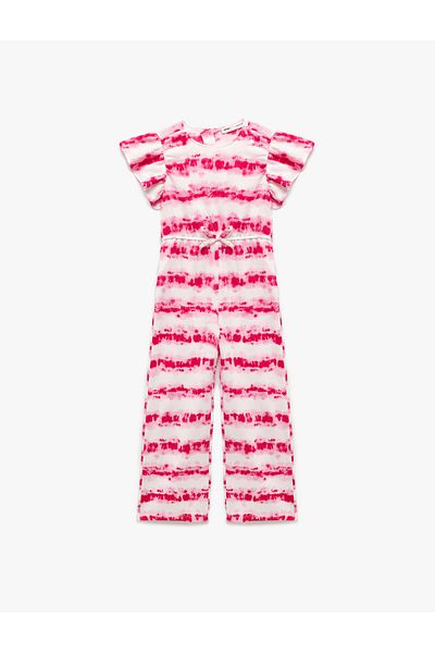 Koton Butterfly Sleeve Ribbon Detailed Tie-Dye Patterned Long Jumpsuit
