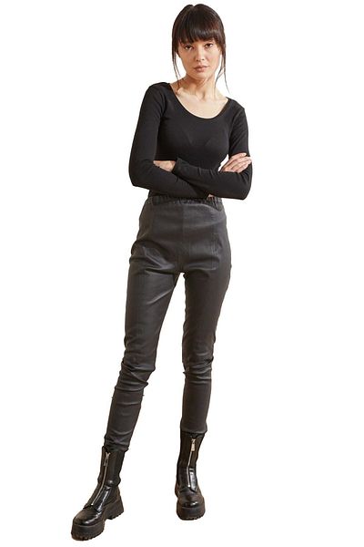 Deriderim Black Women's Elastic Waist Pocketless Leggings Genuine Stretch Leather Pants