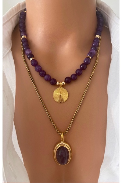 TARZ-I TAKI ( 2 KOLYE ) ÇELİK ve DOĞAL TAŞ Mor Ametist Taşı Çelik Zincir Altın Kaplama Çerçeveli Uç Kadın Kolye