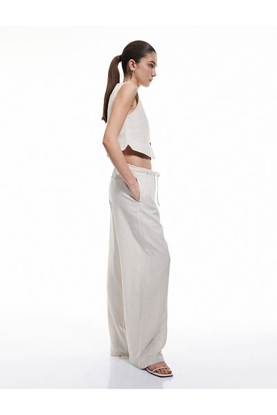 Koton Tie Waist Viscose Linen Blended High Waist Loose Wide Leg Trousers