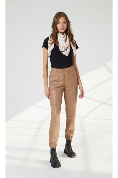 Deriderim Caramel High Waist Pocketless Genuine Leather Trousers with Elastic Waist and Leg