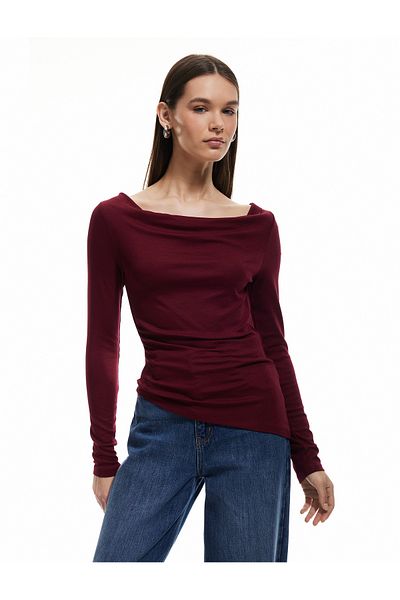 Koton Tricou asimetric cu mânecă lungă din viscoză, slim fit, cu guler în formă de U