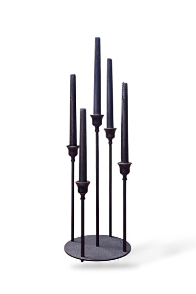 mumsema hediyelik Dekoratif 5 Kollu Siyah Şamdan & Mumluk Set