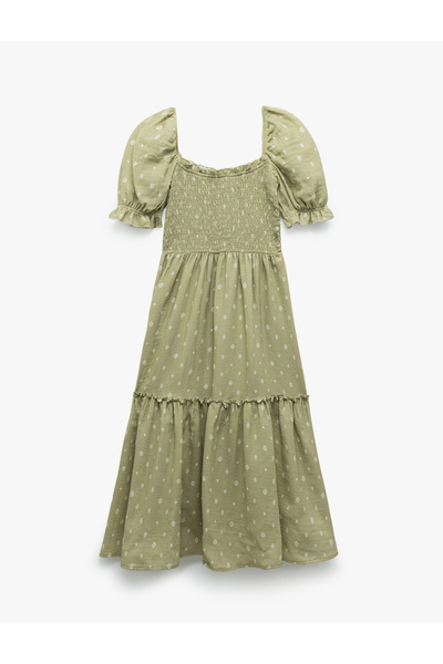 Koton Pamuklu Kısa Balon Kollu Gipeli Puantiyeli Katlı Uzun Elbise