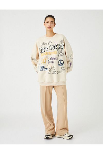 Koton Graffiti Printed Raster Oversize Sweatshirt - Crew Neck, Long Sleeve