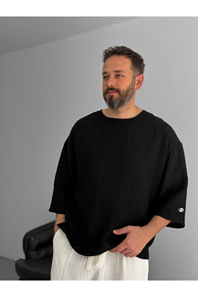 BYBASICMAN Black Embroidered Fakir Sleeve Muslin Fabric T-Shirt G-4535/8