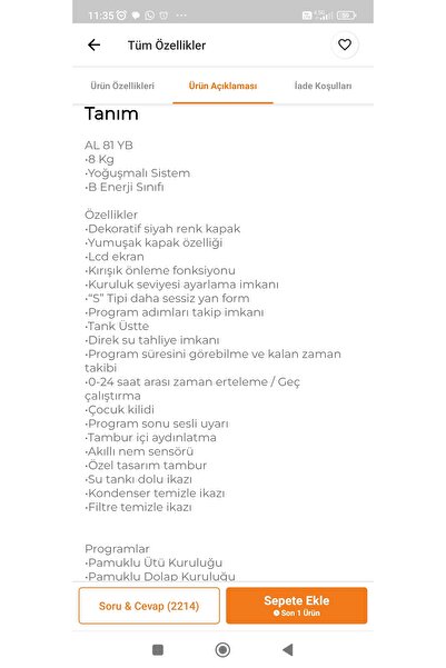 Altus Al 81 Yb B Enerji 15 Programlı 8 Kg Yoğuşmalı Çamaşır Kurutma Makinesi