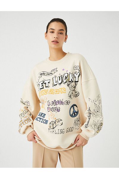 Koton Graffiti Printed Raster Oversize Sweatshirt - Crew Neck, Long Sleeve