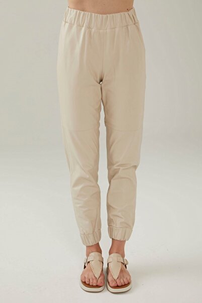 Deriderim Bej Kadın Yüksek Bel Paçası Beli Ve Paçası Lastikli Cepsiz Hakiki Deri Pantolon
