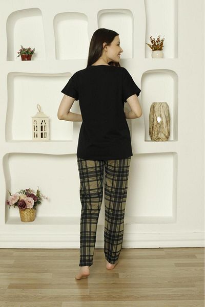 Pijamoni Single Jersey under Fabric Plaid Print Short Sleeve Women's Pajamas Set-6610