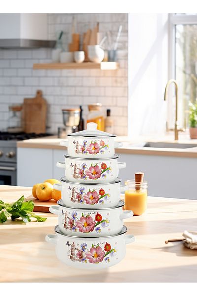 sharpdo 5-Piece Set of Marble Enamel Thickened Straight Soup Pot with Double Ears 16/18/20/22/24CM