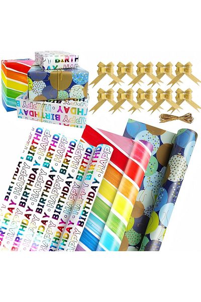 COOYA 3 Rolls Colourful Wrapping Paper Set, 10 Pcs Pull Bows & 30ft Elastic Rope for Gift Wrapping
