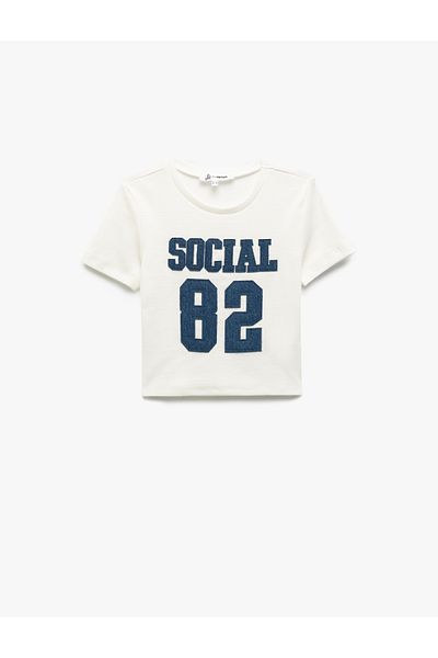Koton Crew Neck Cotton Crop Embroidered Short Sleeve T-Shirt