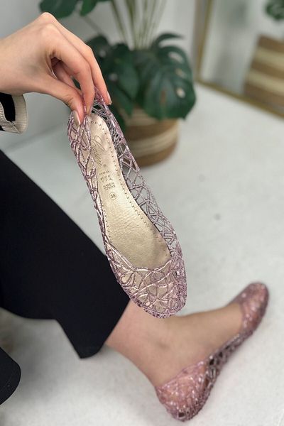 Allyup Daily Pink Women's Sea Shoes Non-Slip Sole Patterned Glitter Soft Stylish Seaside Pool Beach Ballerinas J1