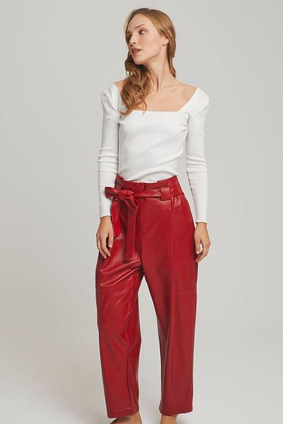 Deriderim Red Women's Carrot Cut Waist Belt Pocket High Waist Lined Genuine Leather Trousers