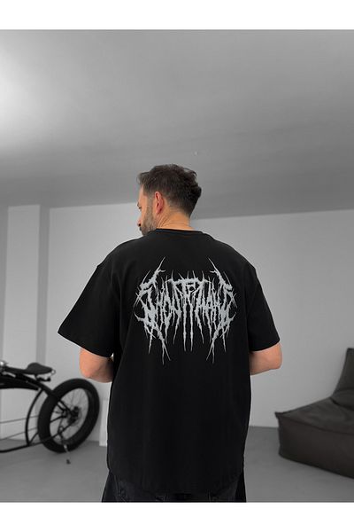 BYBASICMAN Black Shiny Text Embossed Oversize T-Shirt C-006