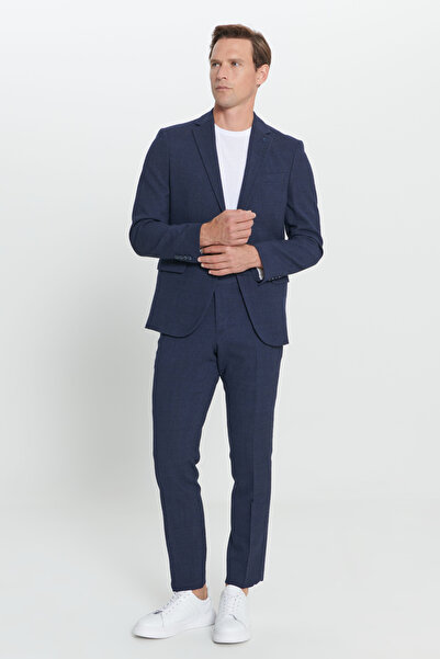 ALTINYILDIZ CLASSICS Men's Navy Blue Slim Fit Slim Fit Mono Collar Seersucker Patterned Wool Suit