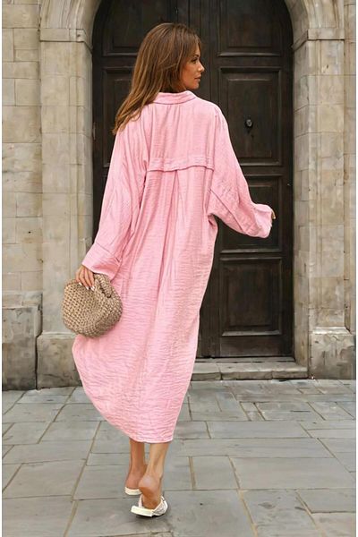 Pasaklı Giyim Women's Dusty Rose Bat Sleeve Suitable for Hijab Shirt Dress Linen Blended Tunic