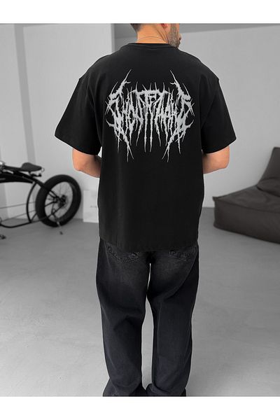 BYBASICMAN Black Shiny Text Embossed Oversize T-Shirt C-006