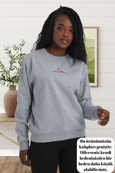 Jimback Mount Fuji Women's Round Neck Embroidered Gray Semi Oversize Sweatshirt