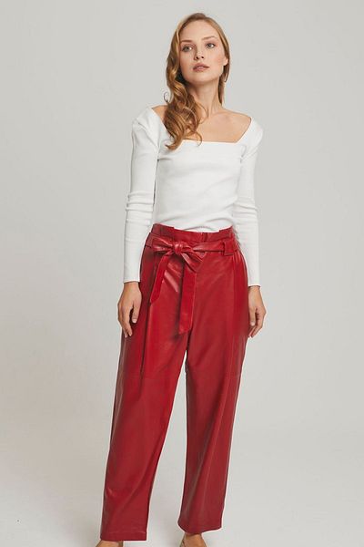 Deriderim Red Women's Carrot Cut Waist Belt Pocket High Waist Lined Genuine Leather Trousers
