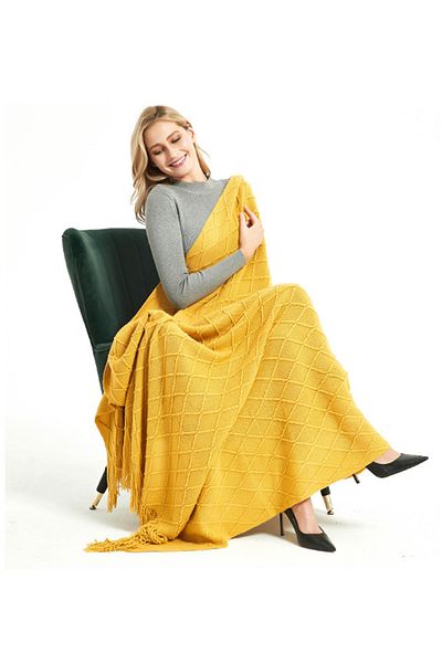 sharpdo Office Air Conditioning Sofa Four Seasons Solid Color Tassel Shawl Knitted Blanket 127*172cm