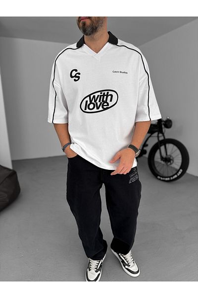BYBASICMAN Love Printed Oversize T-Shirt with White Collar C-054