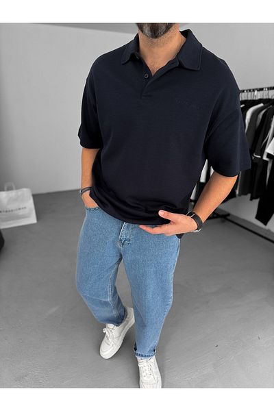 BYBASICMAN Navy Blue Forget Embroidered Polo Neck Oversize T-Shirt Pm-006