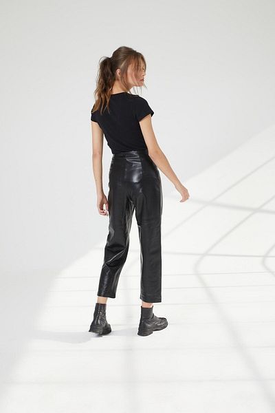 Deriderim Black Women's Carrot Cut Waist Belt Pocket High Waist Lined Genuine Leather Trousers