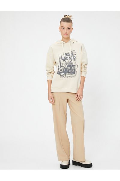 Koton Raster Hooded Sweatshirt Slogan Printed Relaxed Fit Long Sleeve