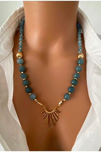 TARZ-I TAKI Doğal Taş Mavi Okyanus Gerçek Akuamarin Taşı Altın Kaplama Kolye ...