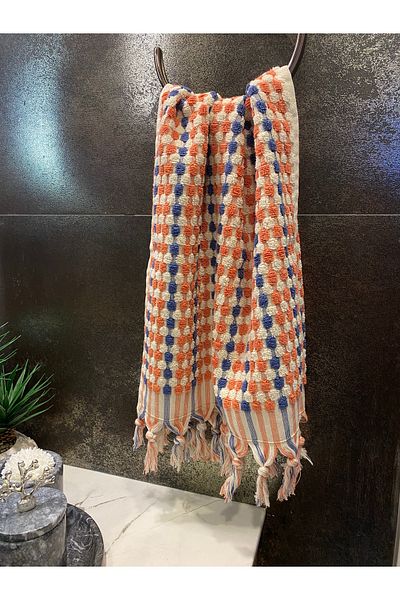 OYT TEKSTİL Arelina Textile 45x90 Measured 100% Cotton Blue-orange Color Fringe Draped Bubble Pattern Bath Towel