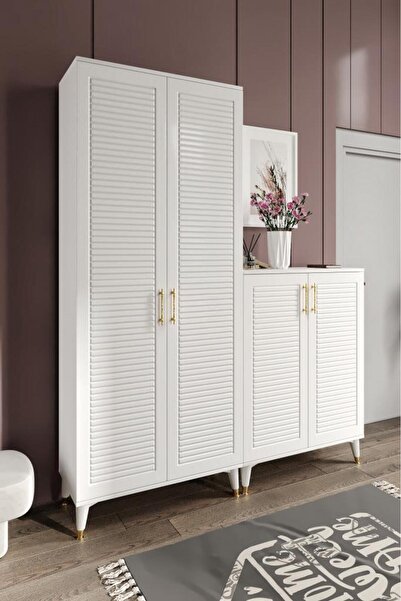 mapahomeliving Panjurlu Metal Kulp Ask4190 Ayakkabılık Portmanto Vestiyer Beyaz Gold