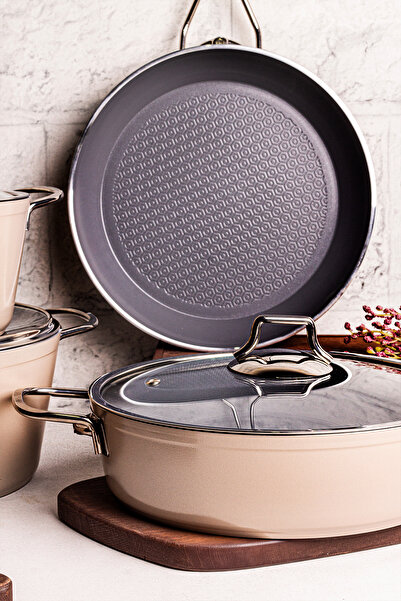 WEYNE Mango Kitchen - 7-Piece Majestic Crystal Granite Pot Set, Beige Mastercook Nonstick Pots and Pans Set