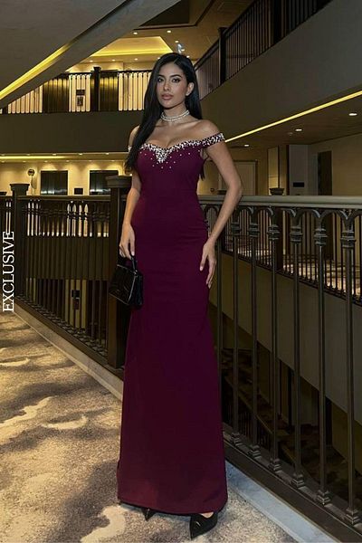 DÖPİYES Off-Shoulder Pearl Detail Fish Evening Dress