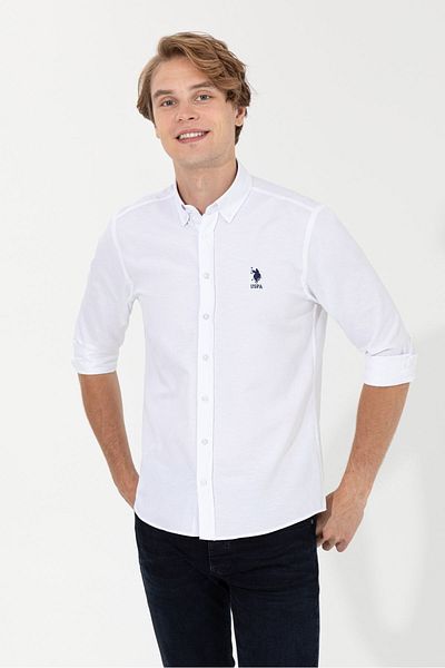 U.S. Polo Assn. ΒΑΣΗ. POLO ASSN. ΑΝΔΡΙΚΟ ΥΦΑΝΤΟ SLIM FIT ΛΕΥΚΟ ΠΟΥΚΑΜΙΣΟ