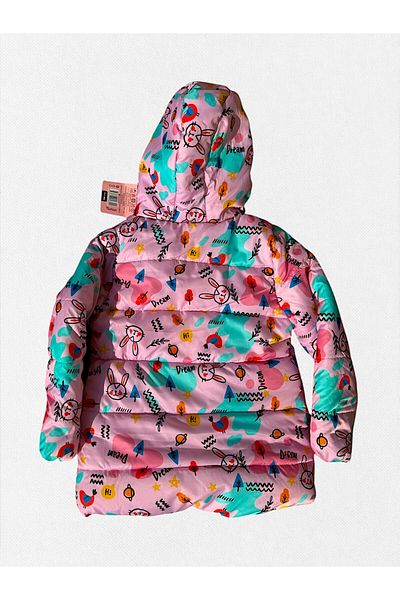 Fil Kids Girl's Pink Cat Rabbit Patterned Nature Themed Hooded Puffer Coat with Fleece Inside